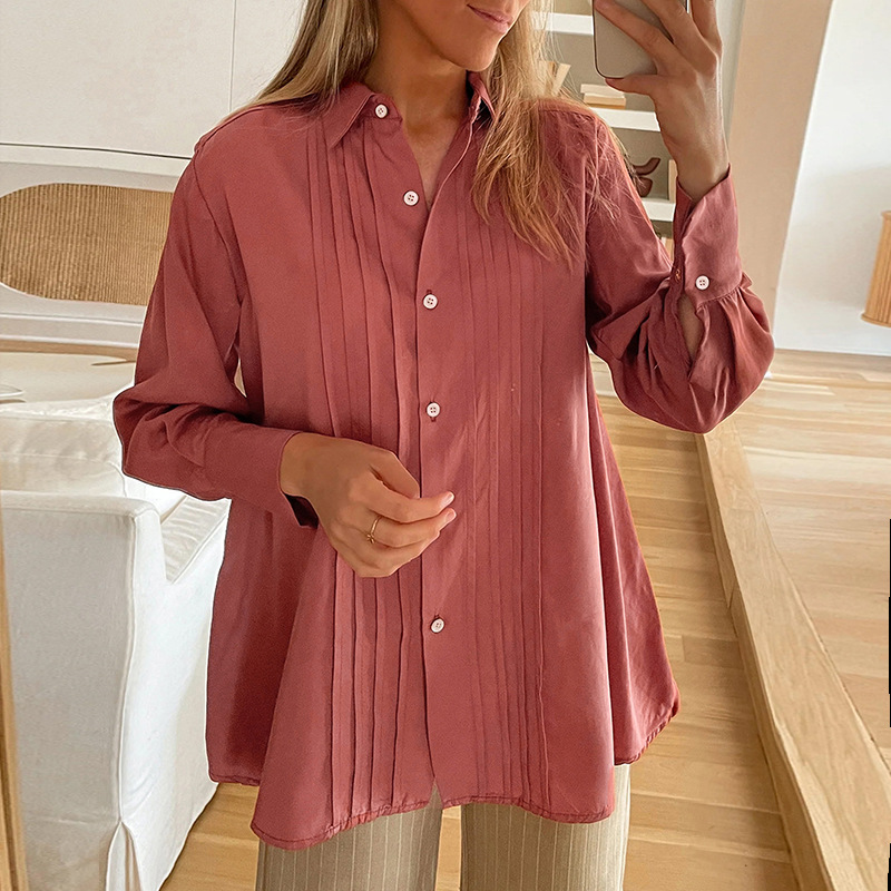 Classic Pleated Loose-Fit Long Sleeve Shirt Shirts | Chuzko.com