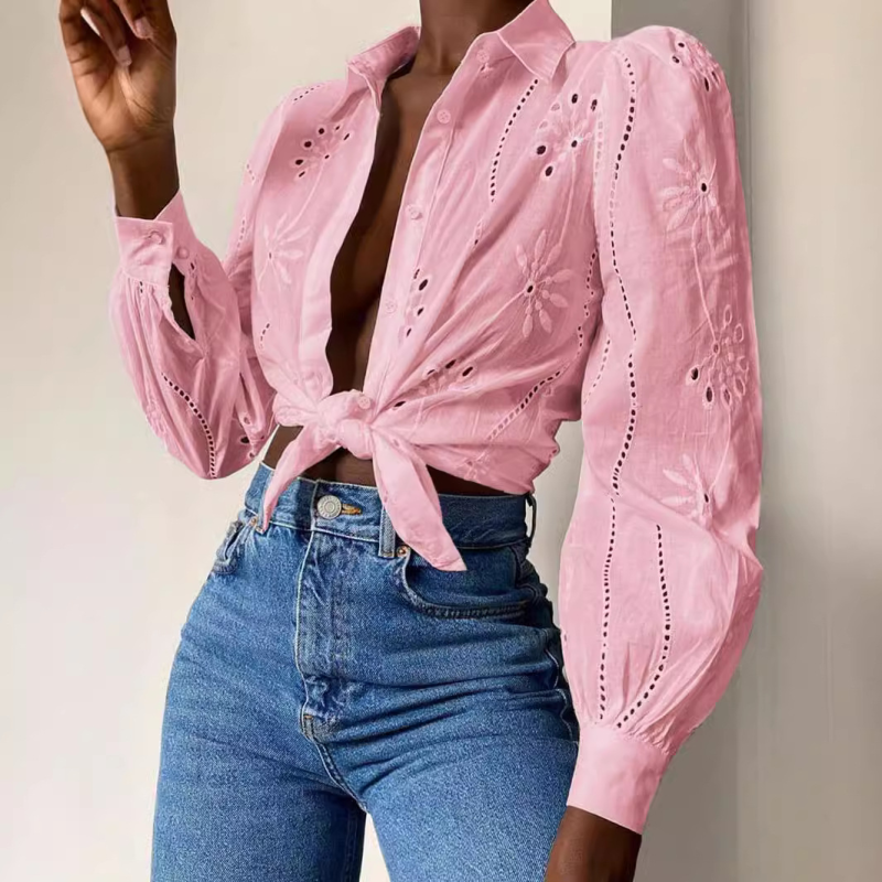 Embroidered Puff Sleeve Shirt Long Sleeve Blouse Shirts | Chuzko.com