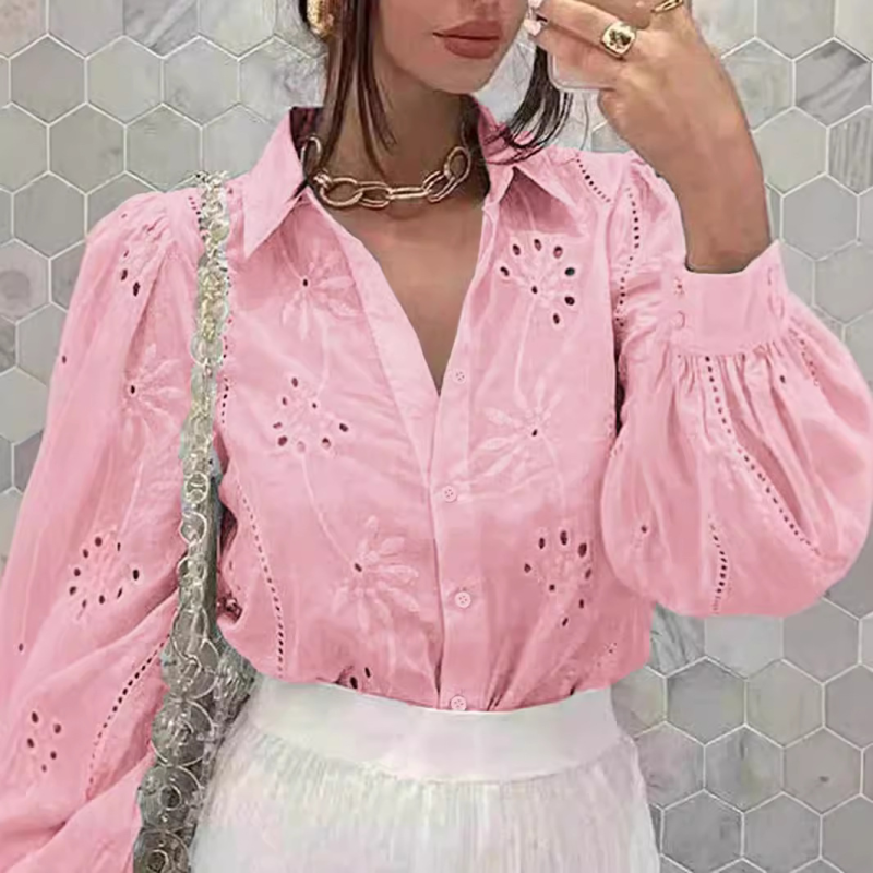 Embroidered Puff Sleeve Shirt Long Sleeve Blouse Shirts | Chuzko.com