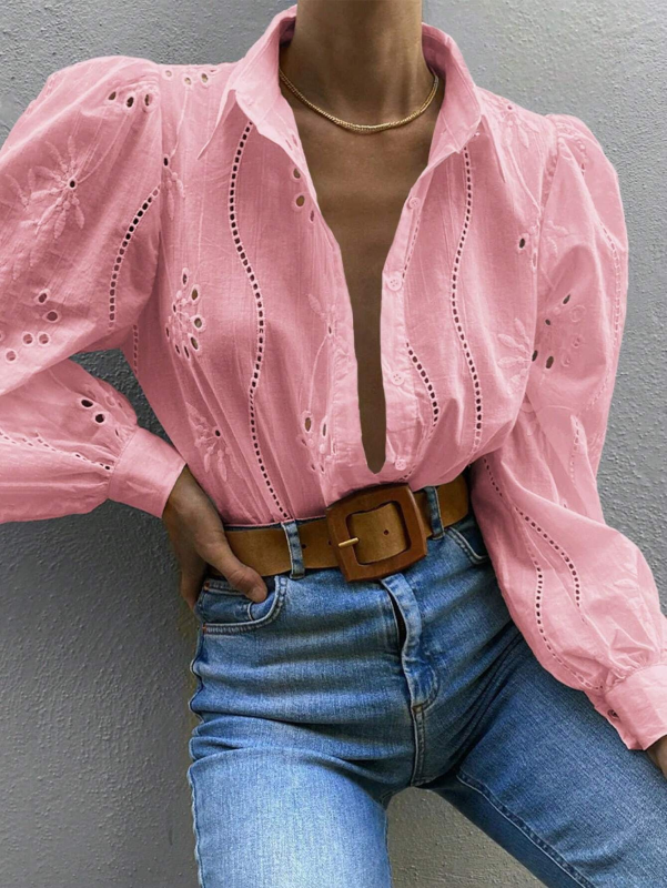 Embroidered Puff Sleeve Shirt Long Sleeve Blouse Shirts | Chuzko.com