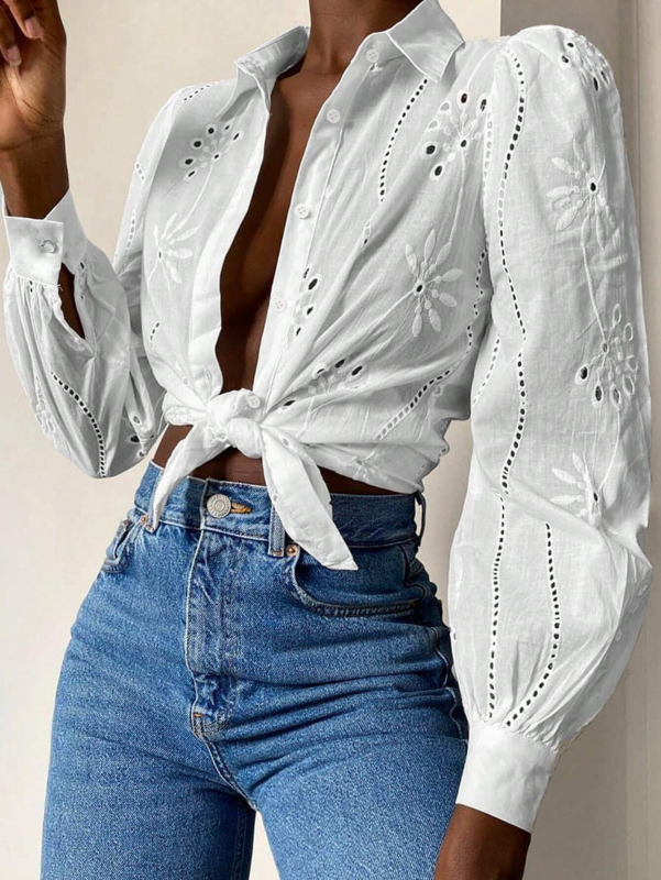 Embroidered Puff Sleeve Shirt Long Sleeve Blouse Shirts | Chuzko.com