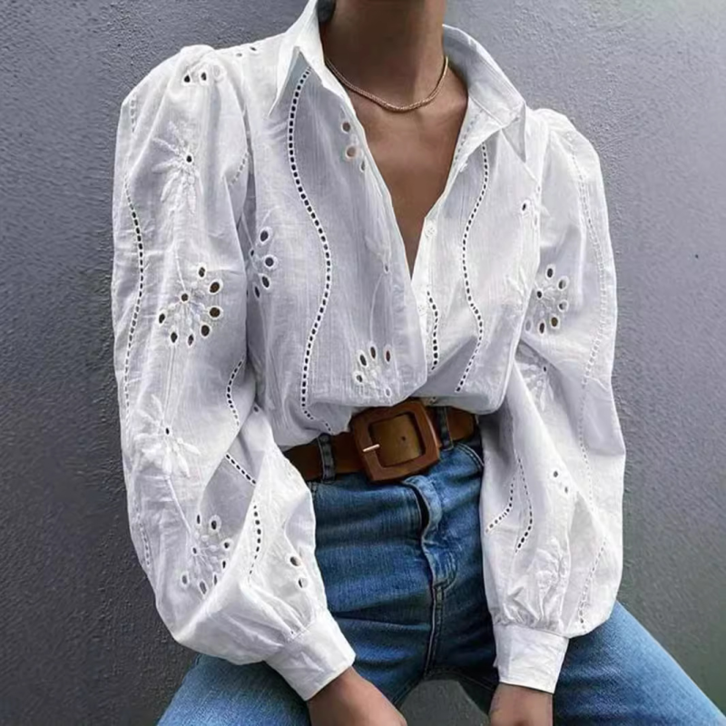 Embroidered Puff Sleeve Shirt Long Sleeve Blouse Shirts | Chuzko.com