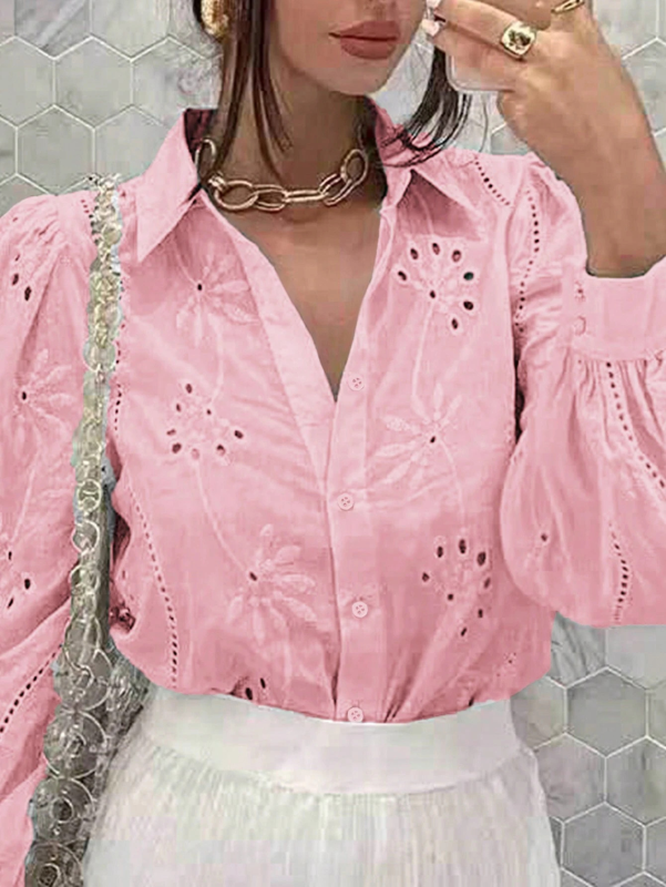 Embroidered Puff Sleeve Shirt Long Sleeve Blouse Shirts | Chuzko.com