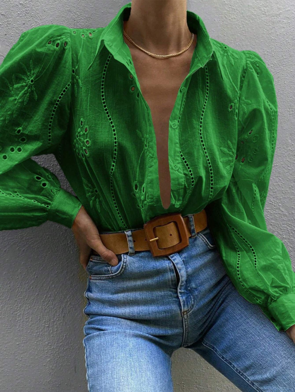 Embroidered Puff Sleeve Shirt Long Sleeve Blouse Shirts | Chuzko.com