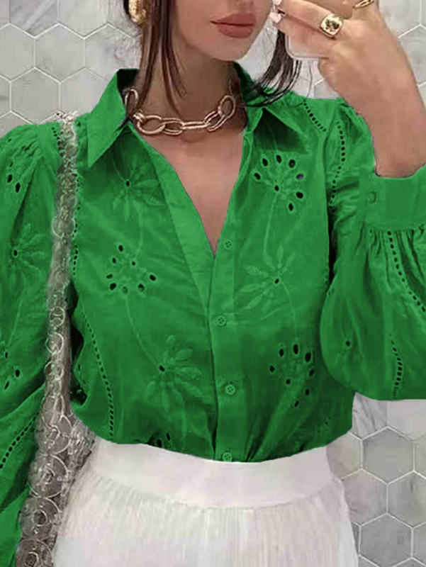 Embroidered Puff Sleeve Shirt Long Sleeve Blouse Shirts | Chuzko.com