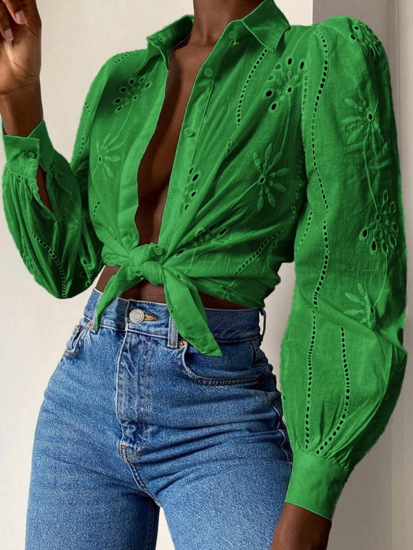 Embroidered Puff Sleeve Shirt Long Sleeve Blouse Shirts | Chuzko.com