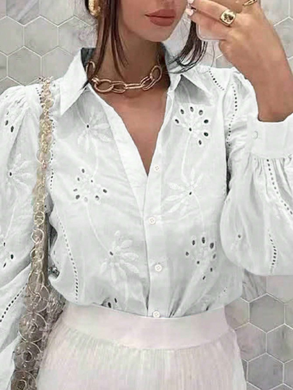 Embroidered Puff Sleeve Shirt Long Sleeve Blouse Shirts | Chuzko.com