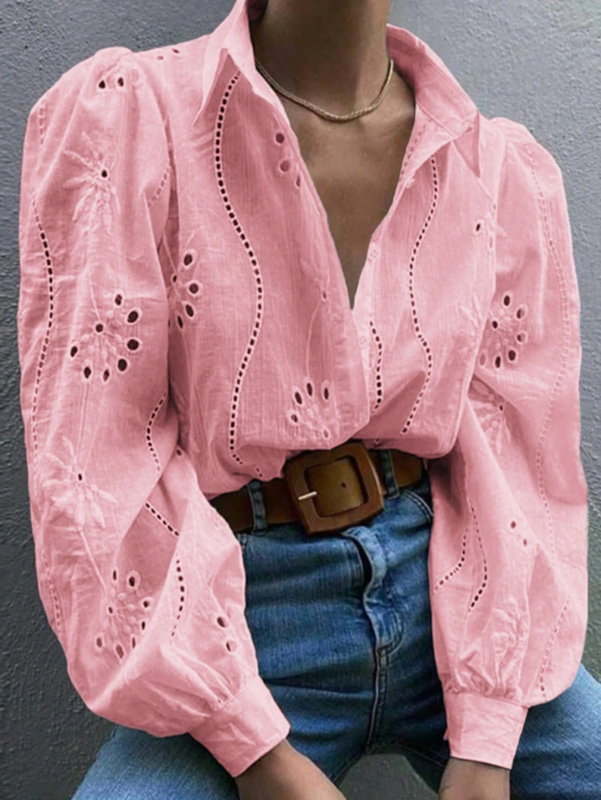 Embroidered Puff Sleeve Shirt Long Sleeve Blouse	