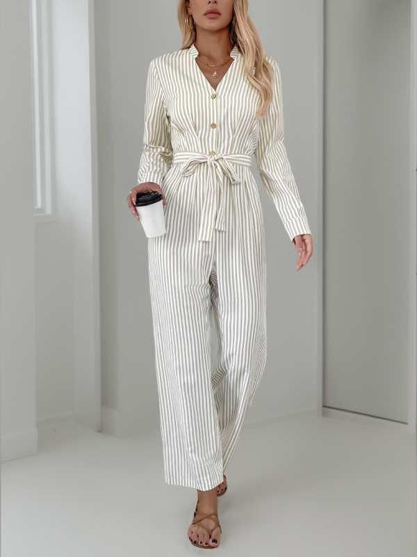 Vertical Stripe Belted Fall Jumpsuit Jumpsuits | Chuzko.com