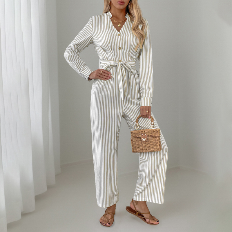 Vertical Stripe Belted Fall Jumpsuit Jumpsuits | Chuzko.com