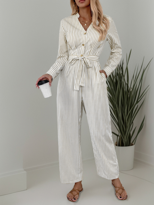 Vertical Stripe Belted Fall Jumpsuit Jumpsuits | Chuzko.com