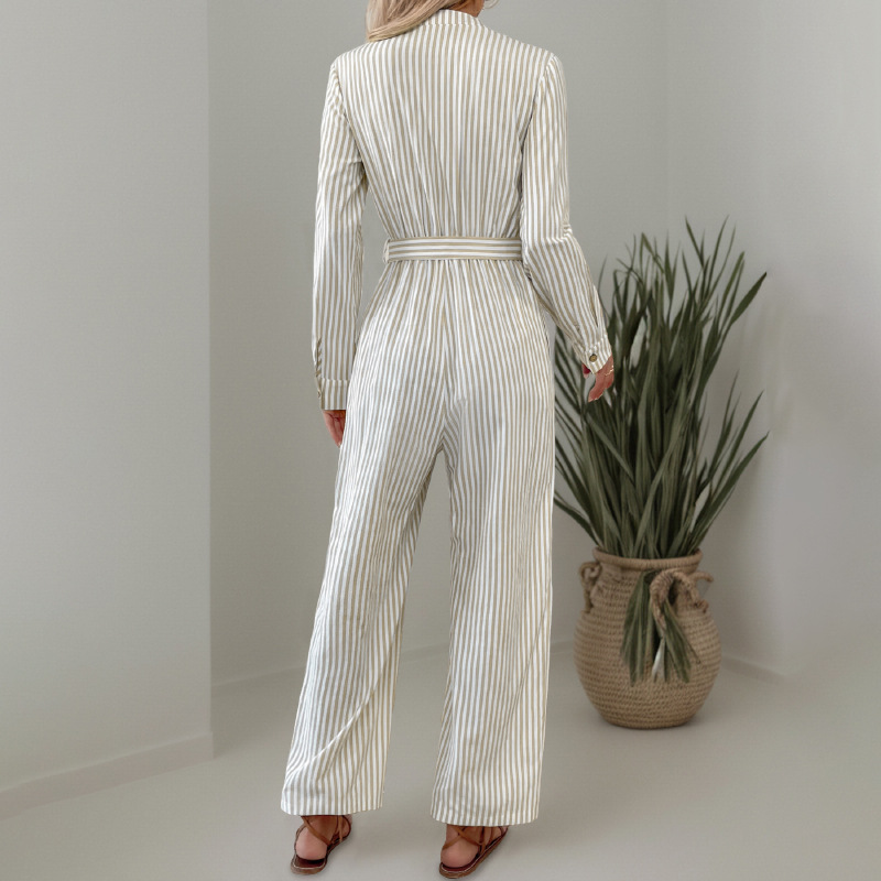 Vertical Stripe Belted Fall Jumpsuit Jumpsuits | Chuzko.com