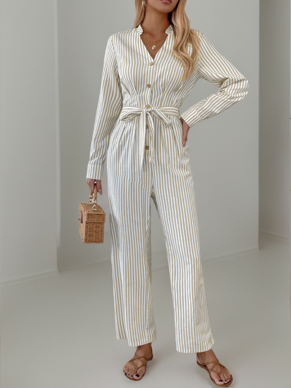 Vertical Stripe Belted Fall Jumpsuit Jumpsuits | Chuzko.com