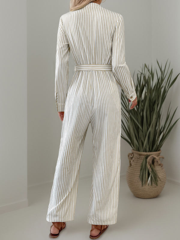 Vertical Stripe Belted Fall Jumpsuit Jumpsuits | Chuzko.com