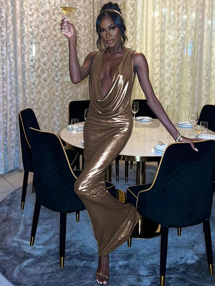 Gold Bodycon Plunge Gown for Events Full Maxi Dress Evening Gown | Chuzko.com