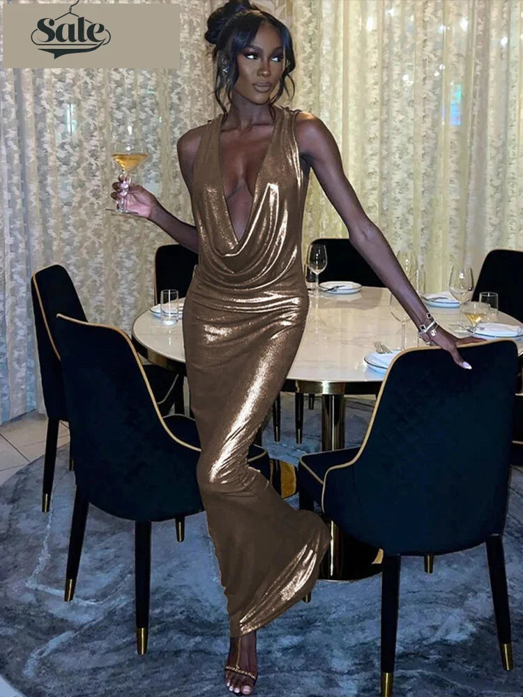 Gold Bodycon Plunge Gown for Events Full Maxi Dress Evening Gown | Chuzko.com