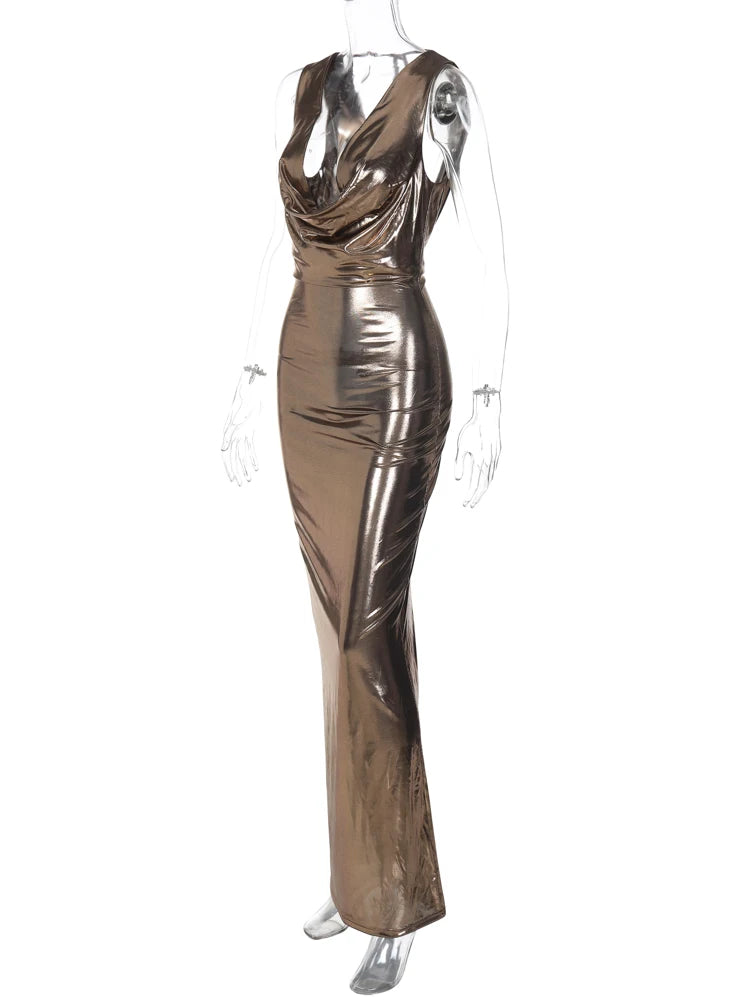 Gold Bodycon Plunge Gown for Events Full Maxi Dress Evening Gown | Chuzko.com