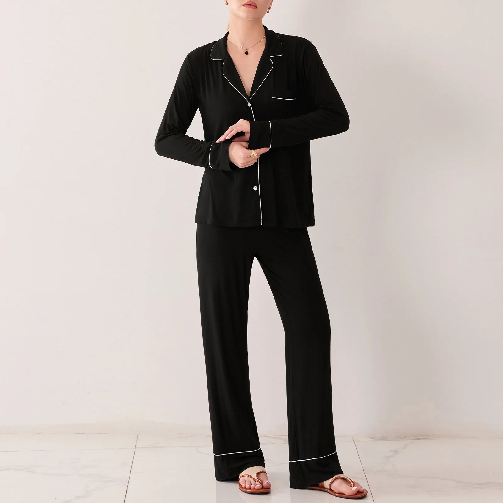 Women's Relaxed Fit Pajama Set with Lapel Collar	