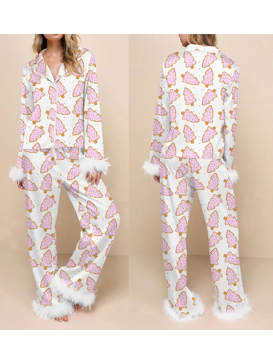 Fur Trim Holiday PJs - Soft Satin 2-Piece Lounge Set Sleepwear | Chuzko.com