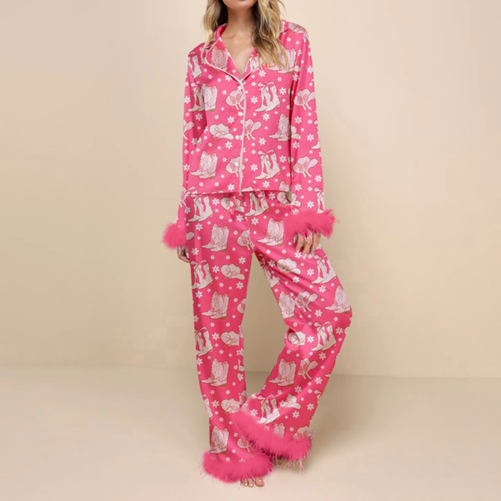 Fur Trim Holiday PJs - Soft Satin 2-Piece Lounge Set Sleepwear | Chuzko.com