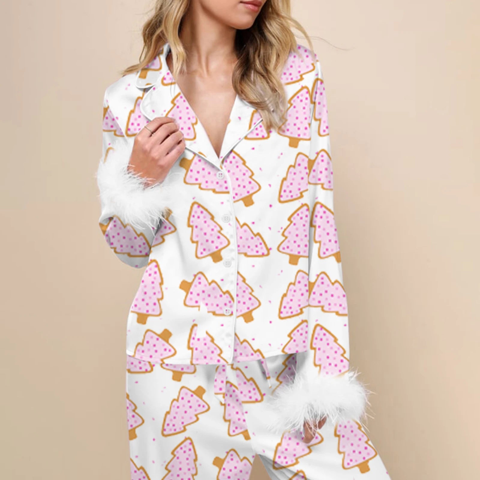 Fur Trim Holiday PJs - Soft Satin 2-Piece Lounge Set Sleepwear | Chuzko.com