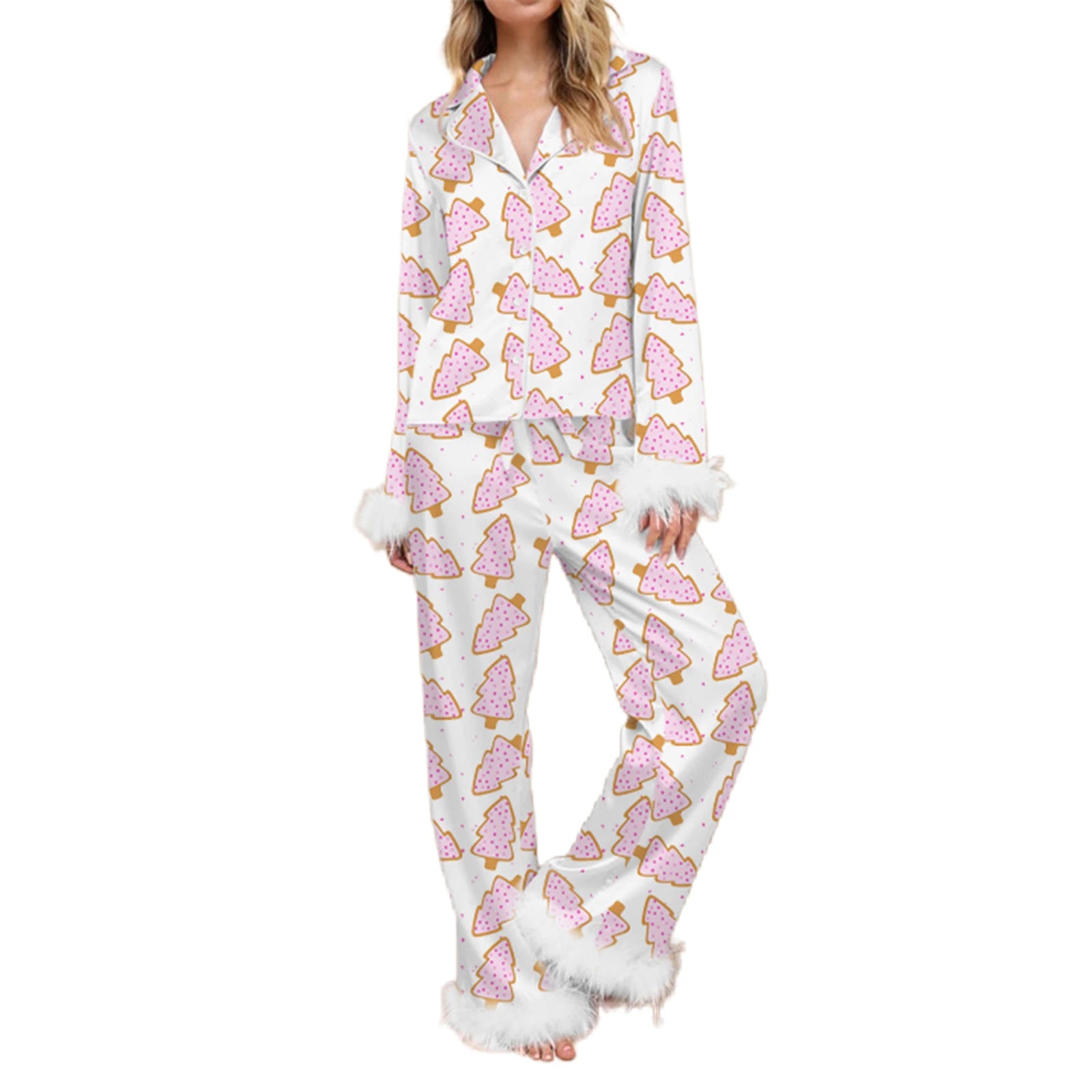 Fur Trim Holiday PJs - Soft Satin 2-Piece Lounge Set Sleepwear | Chuzko.com