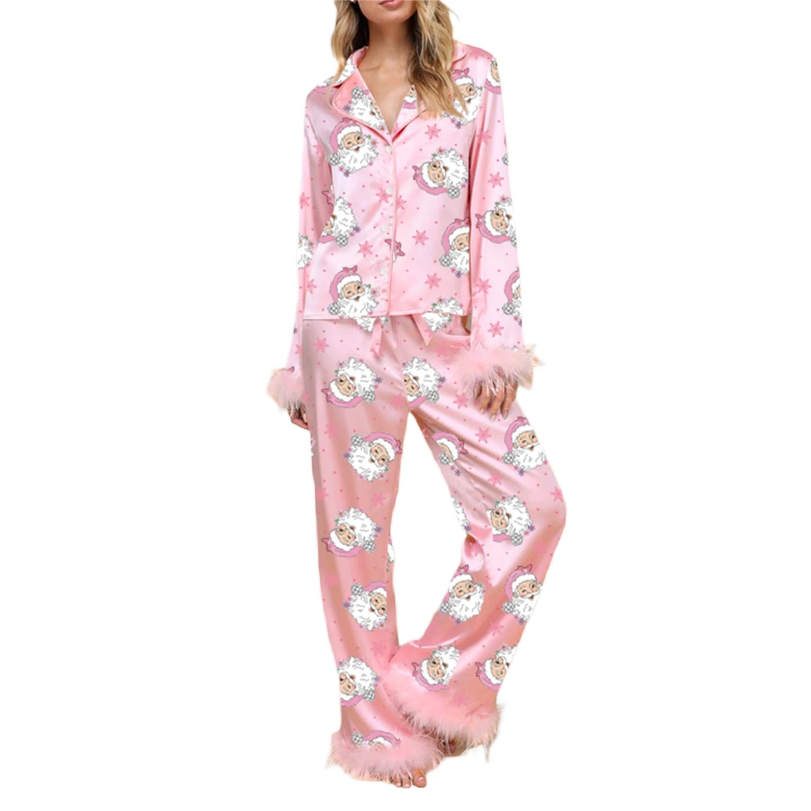 Fur Trim Holiday PJs - Soft Satin 2-Piece Lounge Set Sleepwear | Chuzko.com