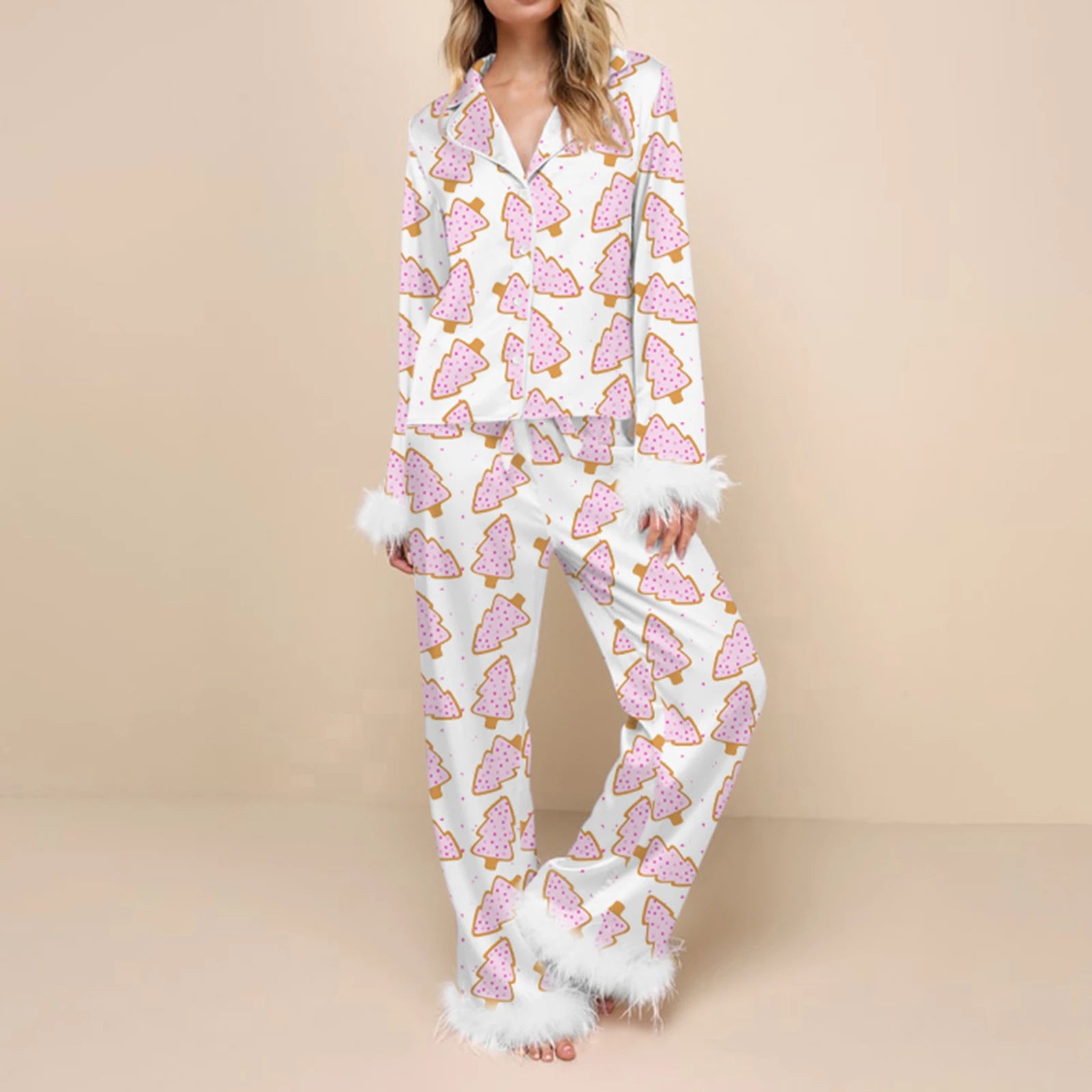 Fur Trim Holiday PJs - Soft Satin 2-Piece Lounge Set Sleepwear | Chuzko.com