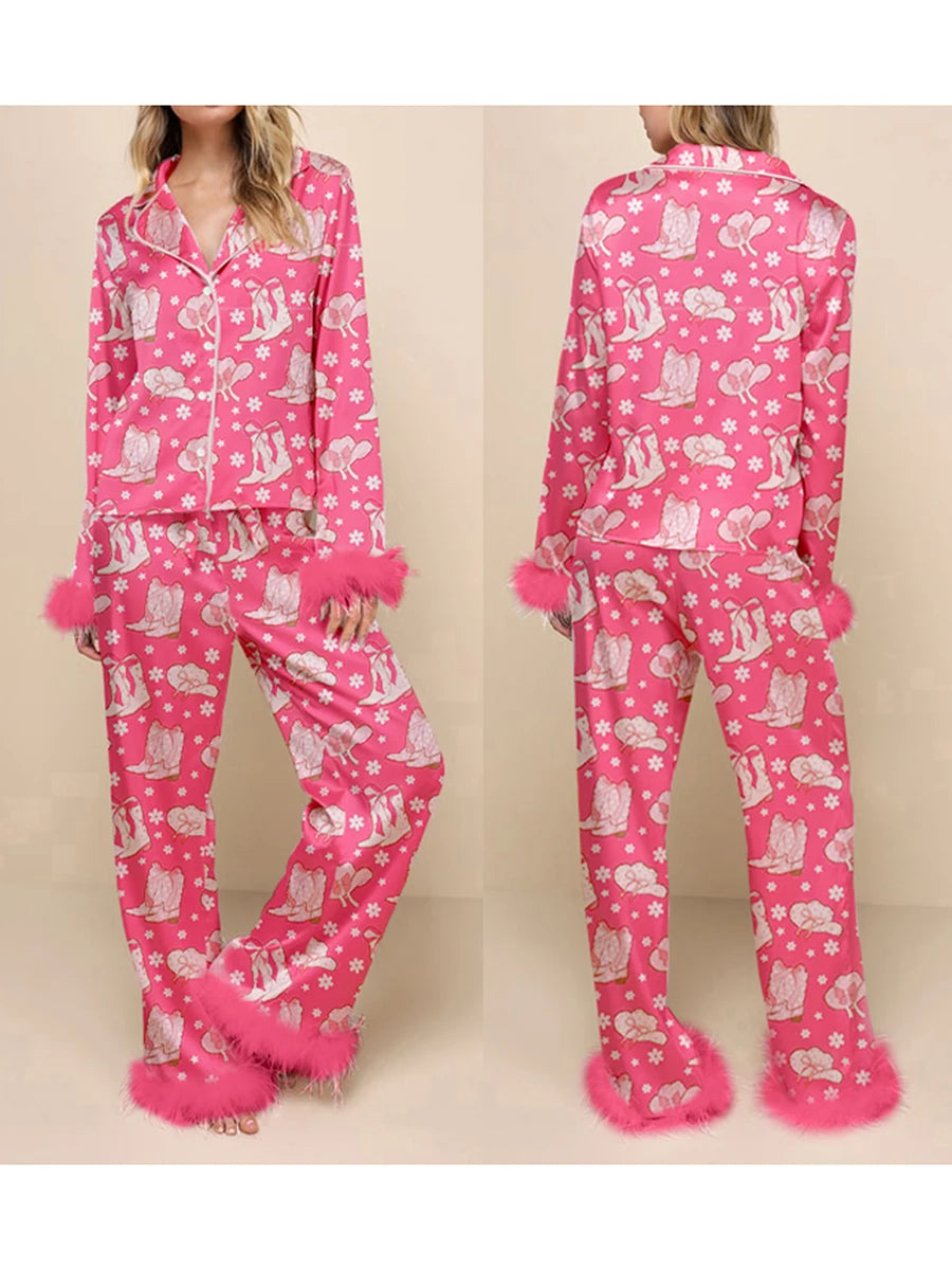 Fur Trim Holiday PJs - Soft Satin 2-Piece Lounge Set Sleepwear | Chuzko.com