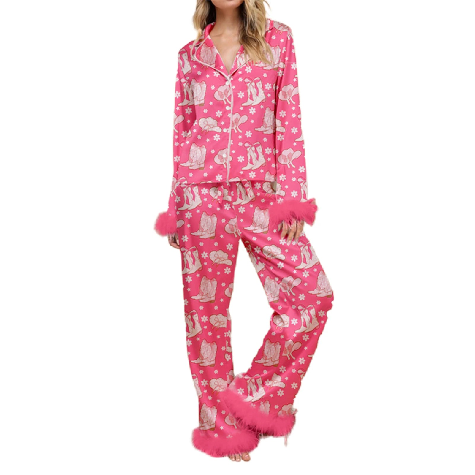 Fur Trim Holiday PJs - Soft Satin 2-Piece Lounge Set Sleepwear | Chuzko.com