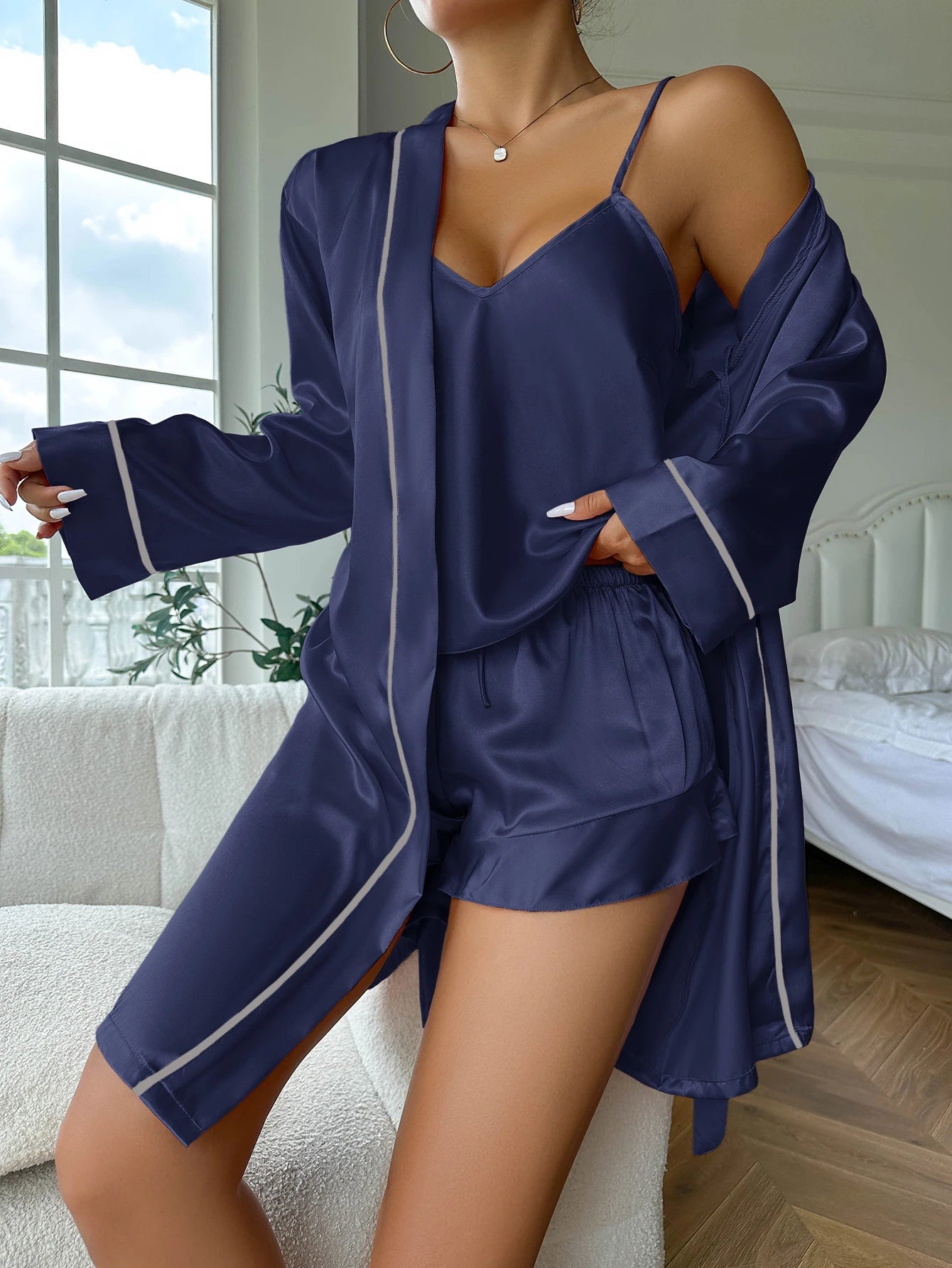 Elegant Nightwear Trio: Satin Robe, Cami Top & Shorts Sleepwear | Chuzko.com