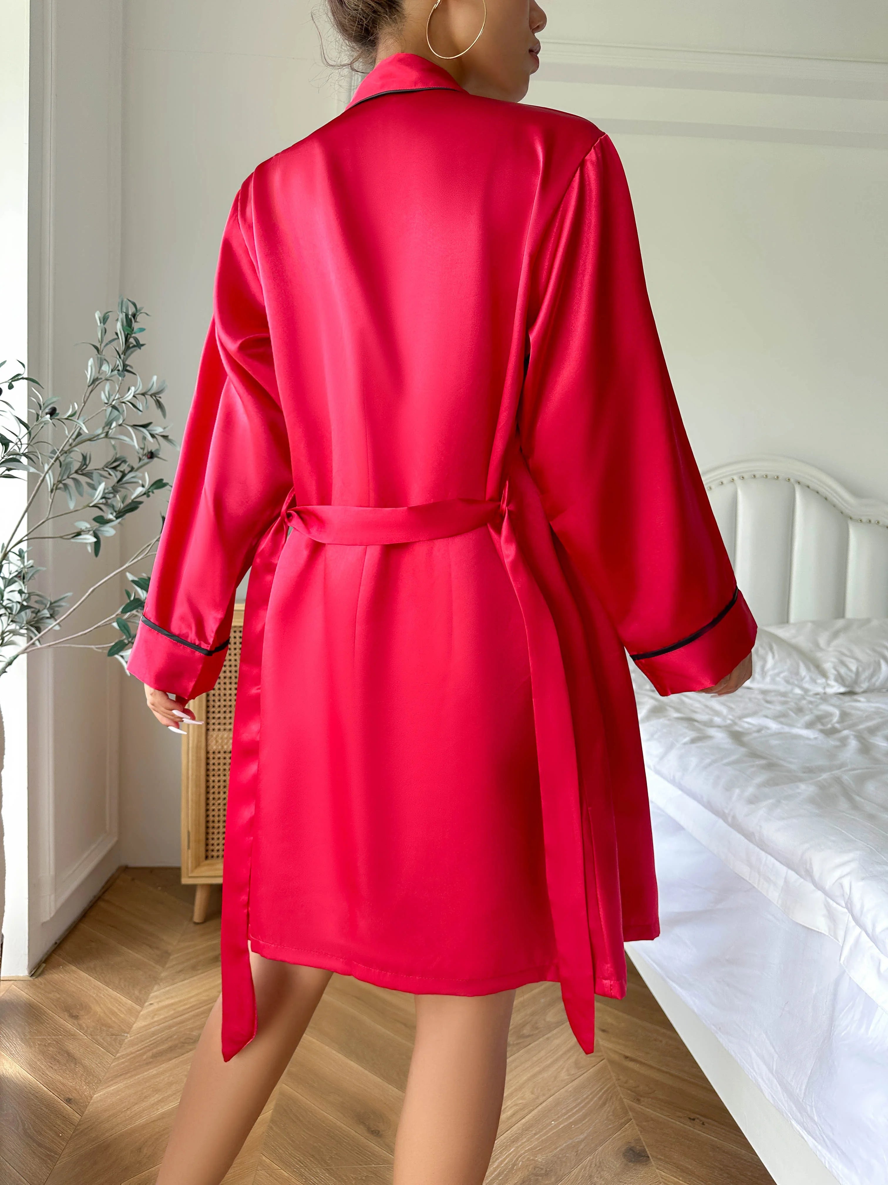 Elegant Nightwear Trio: Satin Robe, Cami Top & Shorts Sleepwear | Chuzko.com