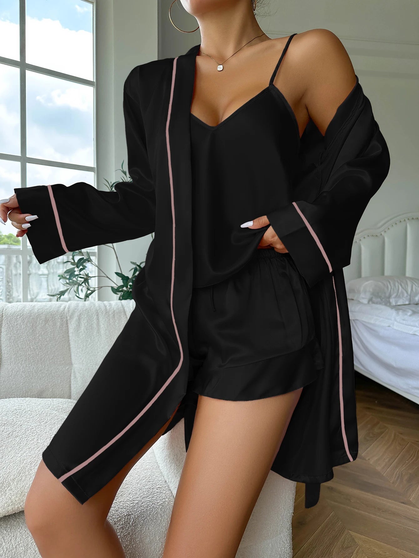 Elegant Nightwear Trio: Satin Robe, Cami Top & Shorts Sleepwear | Chuzko.com