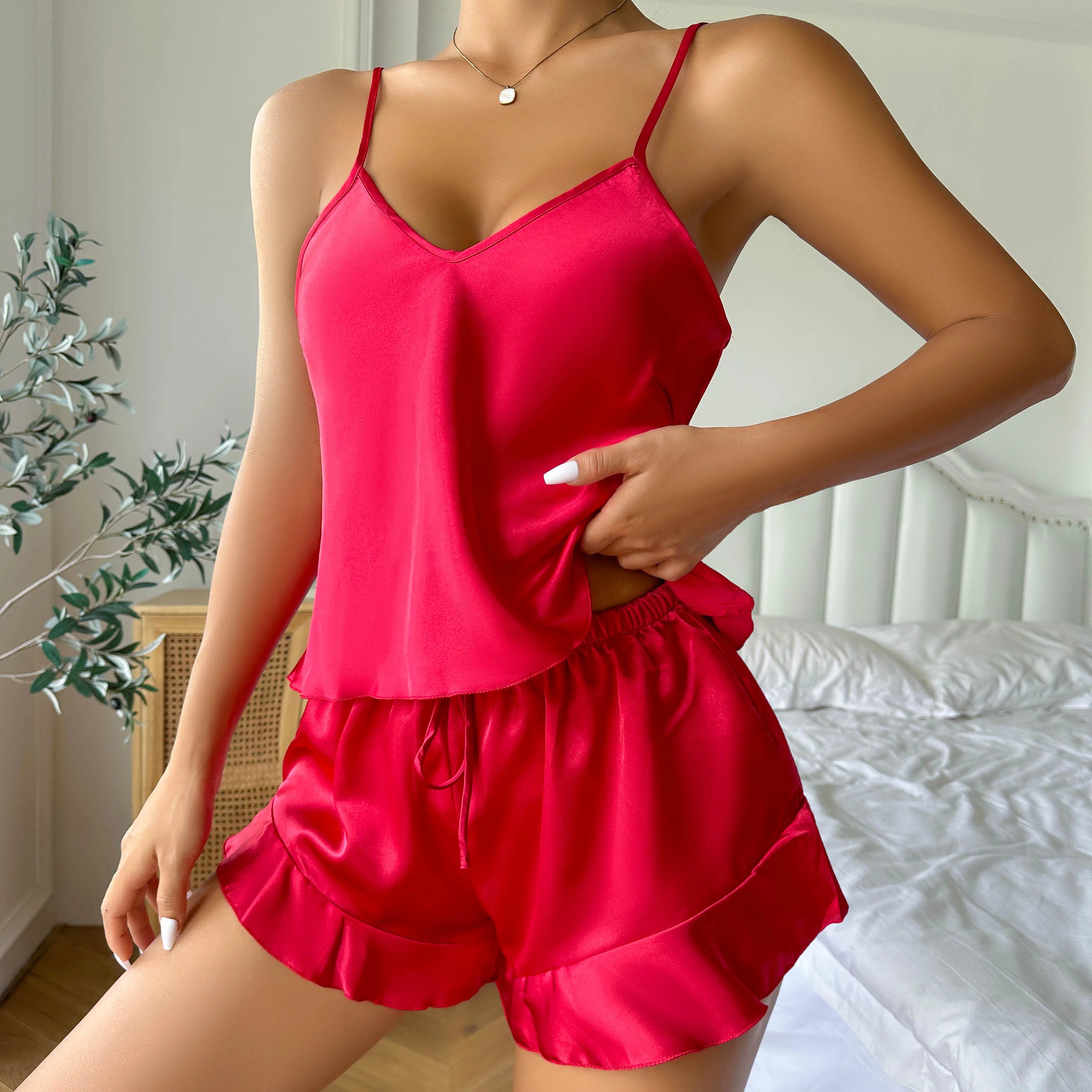 Elegant Nightwear Trio: Satin Robe, Cami Top & Shorts Sleepwear | Chuzko.com