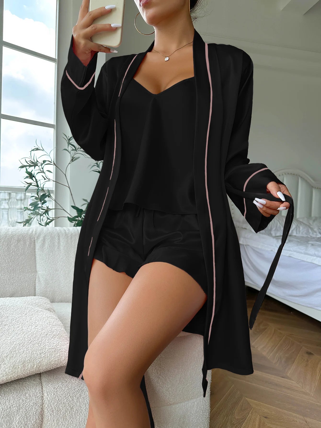 Elegant Nightwear Trio: Satin Robe, Cami Top & Shorts Sleepwear | Chuzko.com