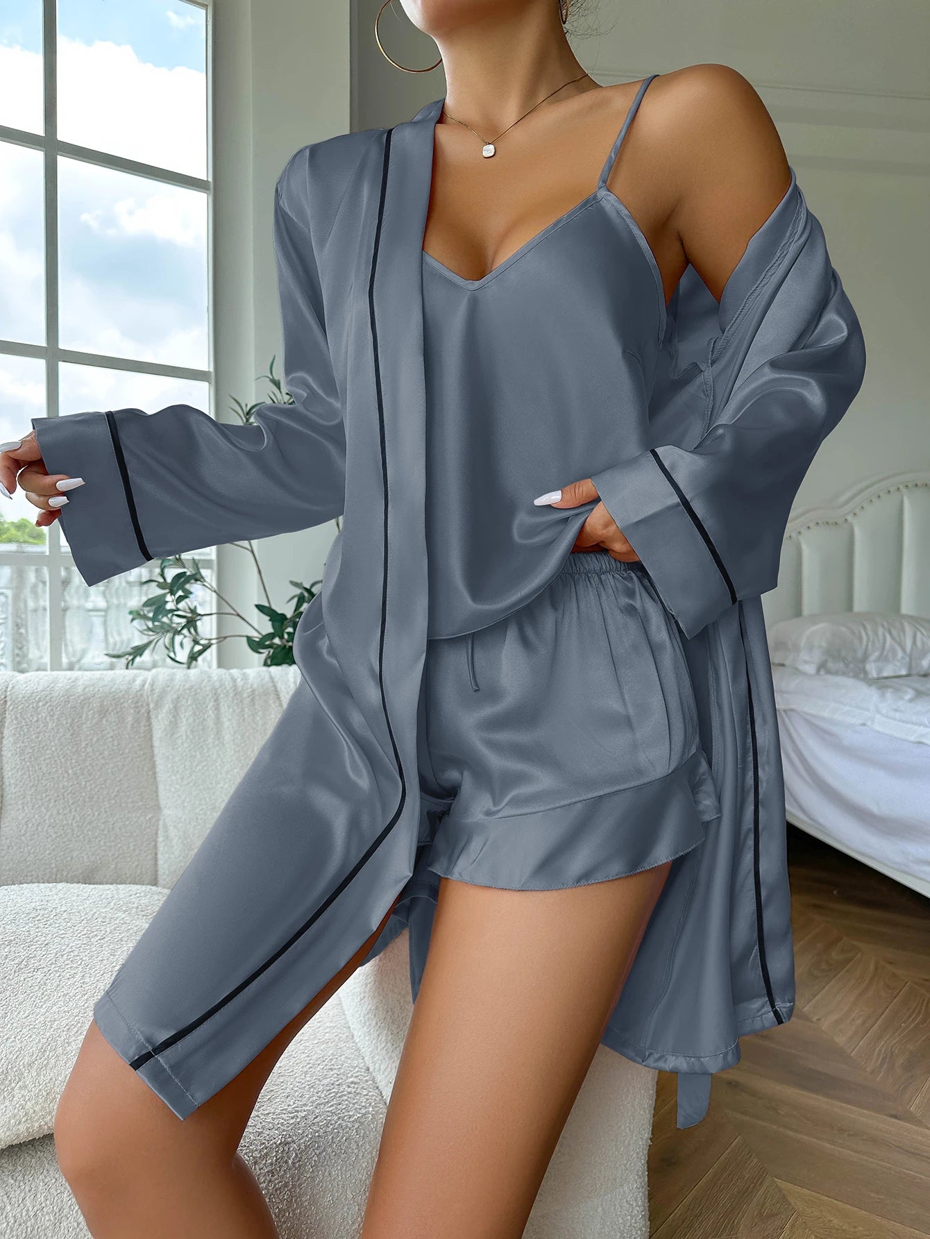 Elegant Nightwear Trio: Satin Robe, Cami Top & Shorts Sleepwear | Chuzko.com