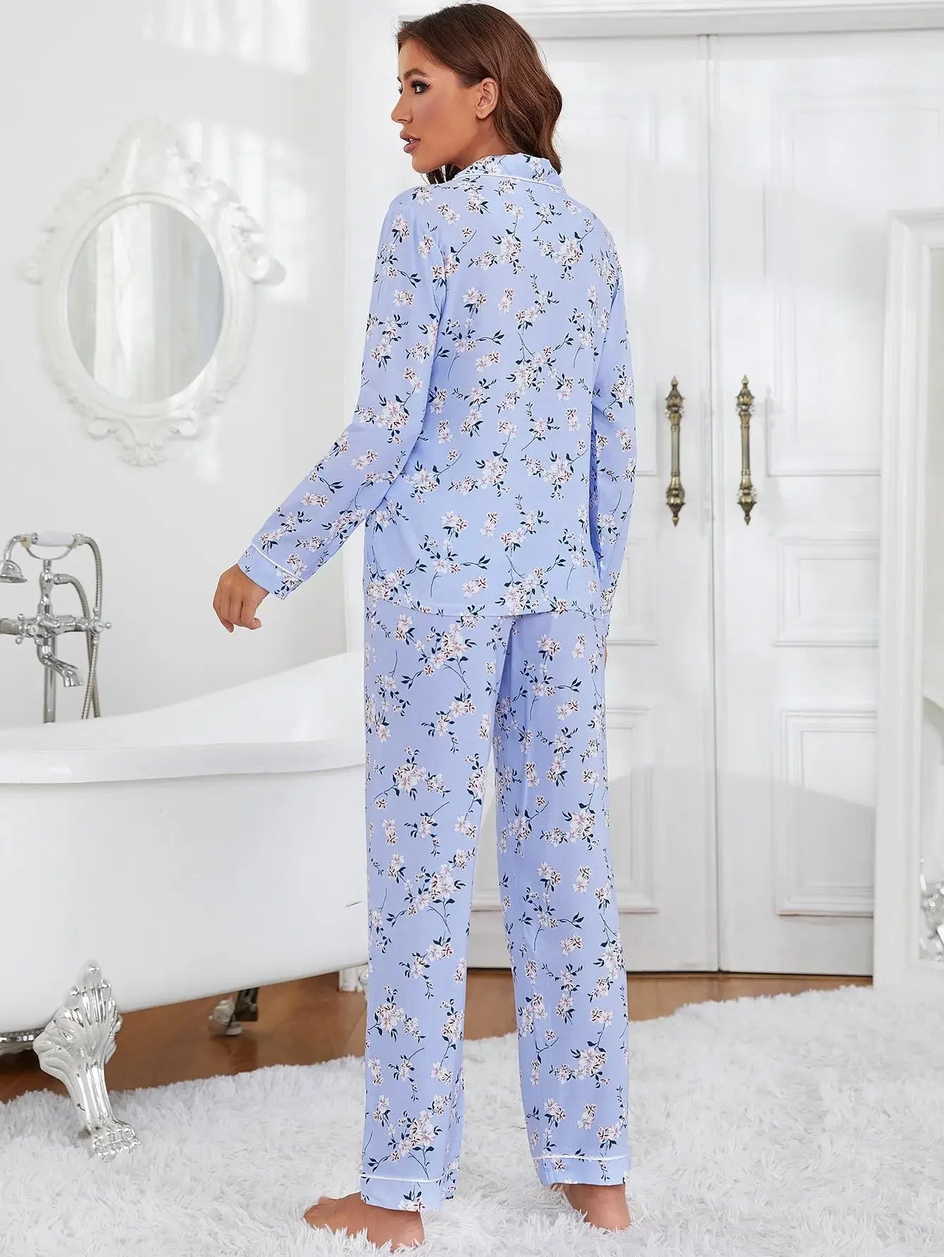 Blue Blossom Full-Length PJ’s Set – Floral Print Sleepwear | Chuzko.com