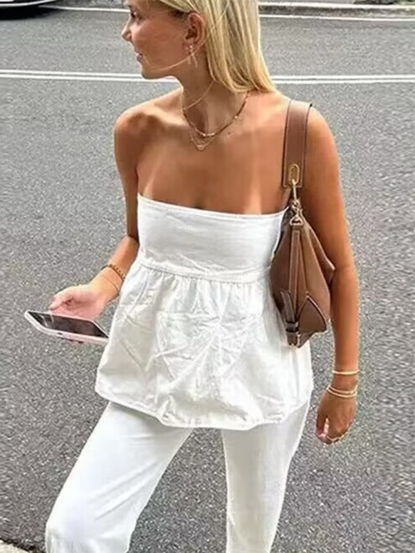 Summer Solid Cotton Peplum Strapless Tube Top for Women Tops | Chuzko.com