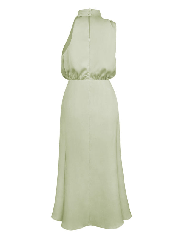 Elegant Satin Halter Cowl Neck Maxi Midi Dress with Sheath | Chuzko.com