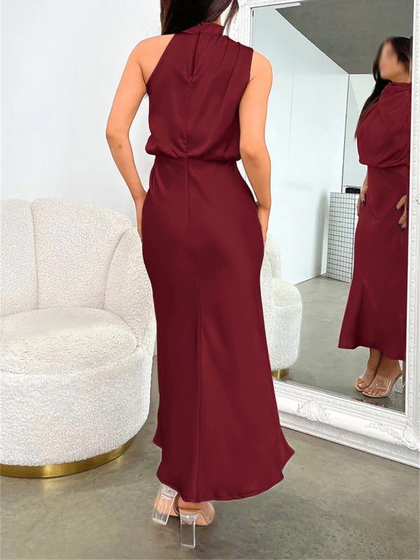 Elegant Satin Halter Cowl Neck Maxi Midi Dress with Sheath | Chuzko.com