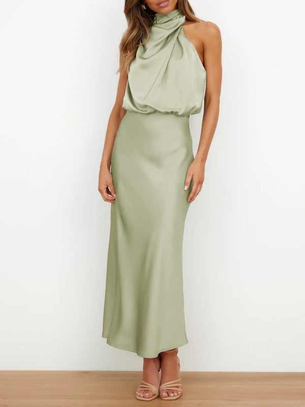 Elegant Satin Halter Cowl Neck Maxi Midi Dress with Sheath | Chuzko.com