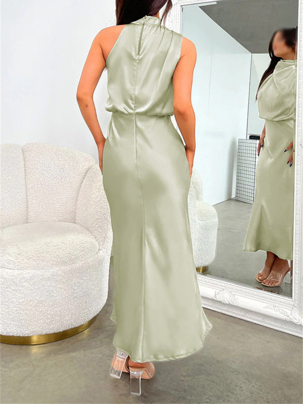 Elegant Satin Halter Cowl Neck Maxi Midi Dress with Sheath | Chuzko.com