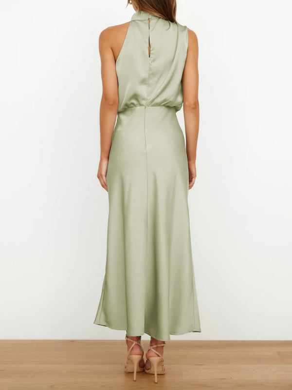 Elegant Satin Halter Cowl Neck Maxi Midi Dress with Sheath | Chuzko.com