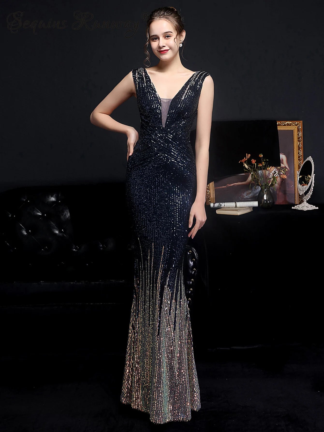 Red Carpet Ready Sequin Mermaid Floor Length Dress Evening Gown | Chuzko.com