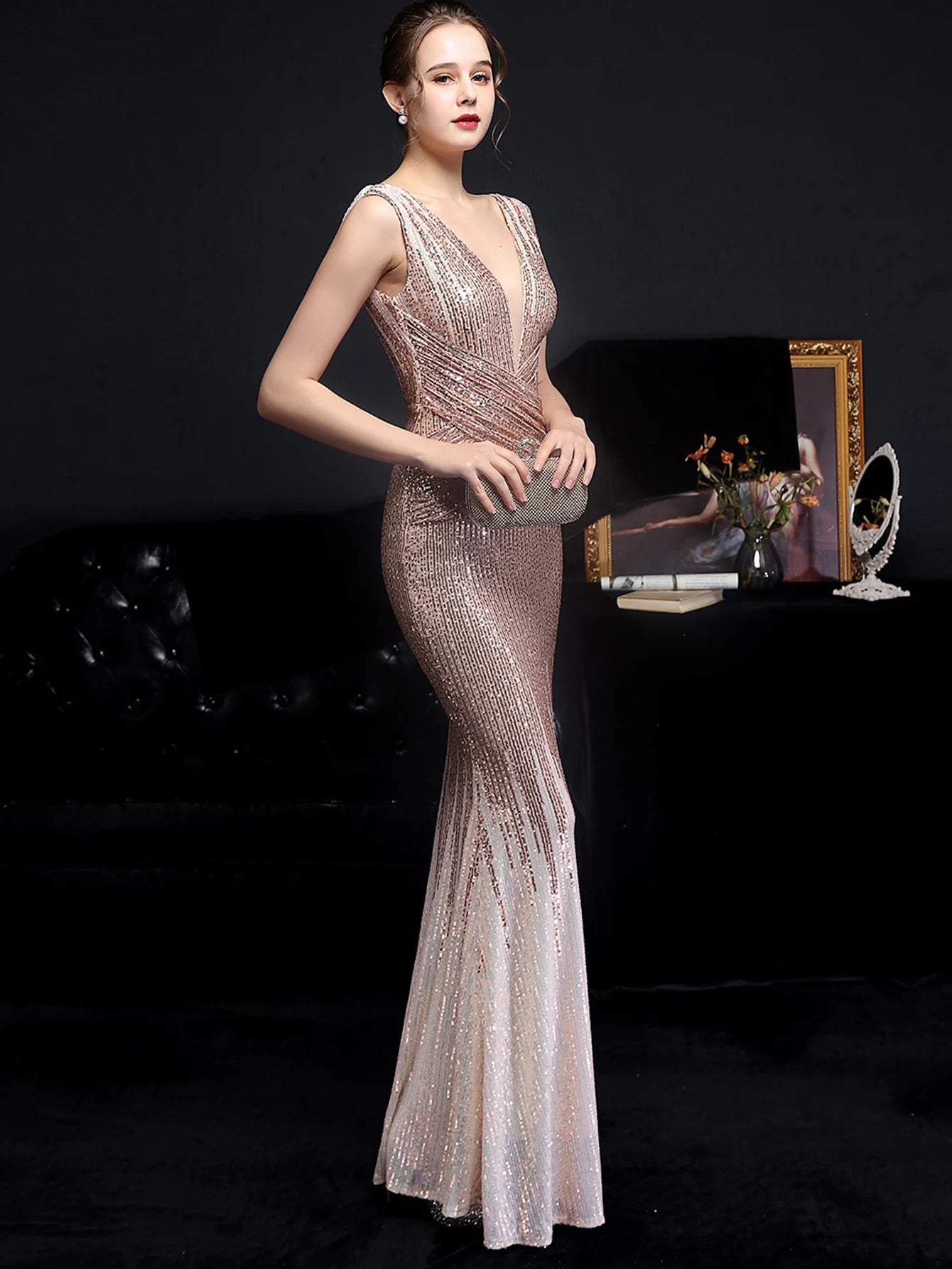 Red Carpet Ready Sequin Mermaid Floor Length Dress Evening Gown | Chuzko.com