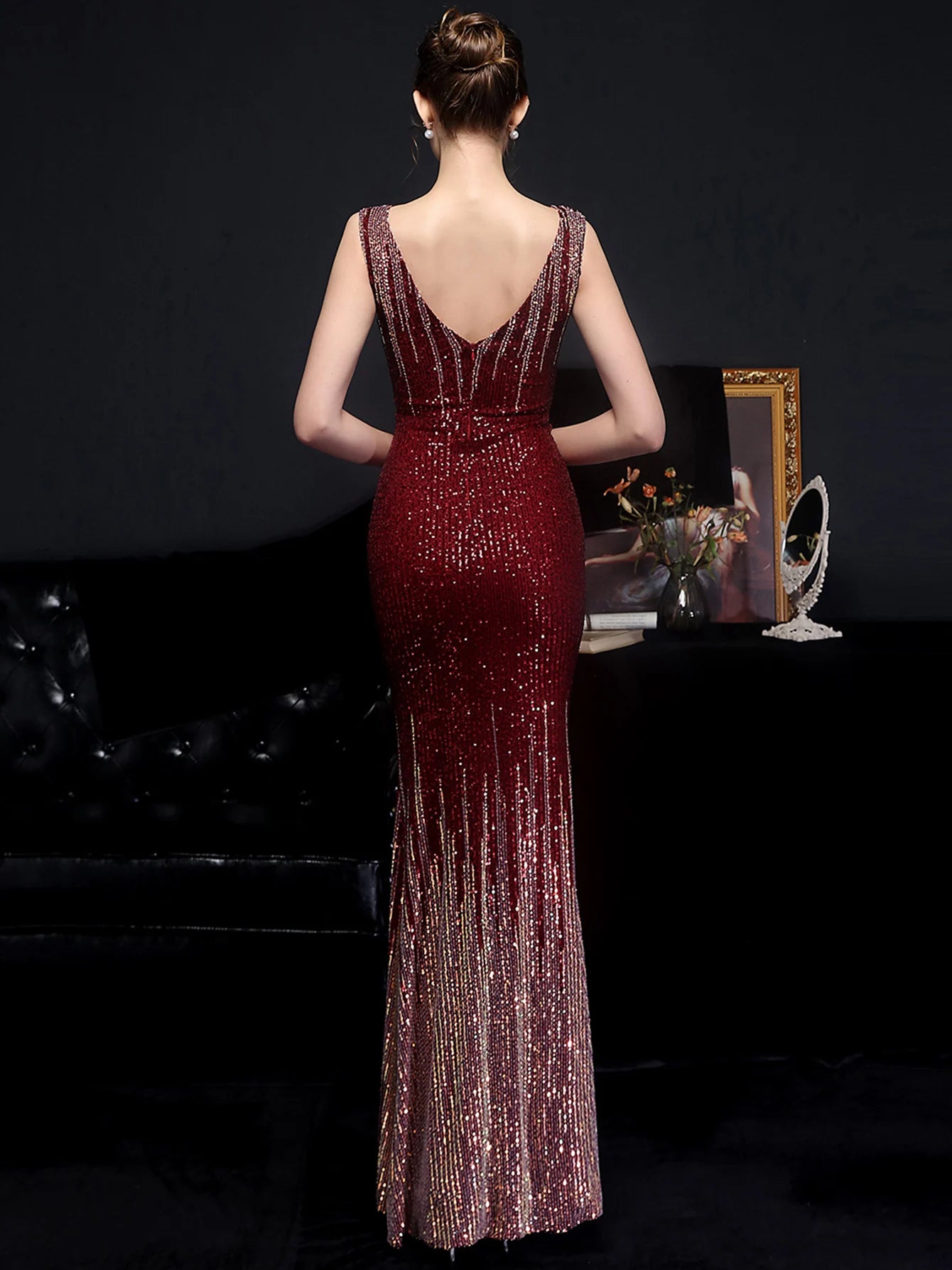 Red Carpet Ready Sequin Mermaid Floor Length Dress Evening Gown | Chuzko.com