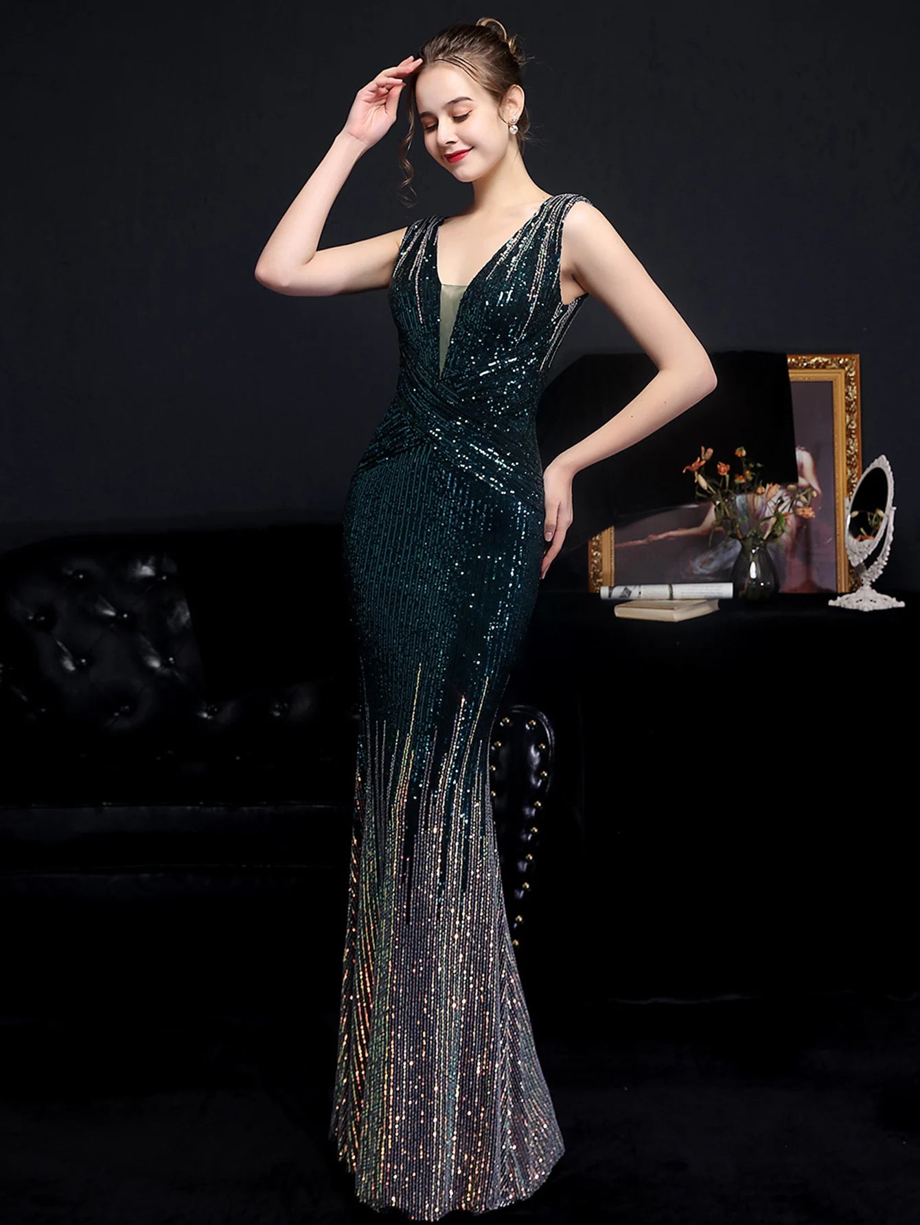 Red Carpet Ready Sequin Mermaid Floor Length Dress Evening Gown | Chuzko.com