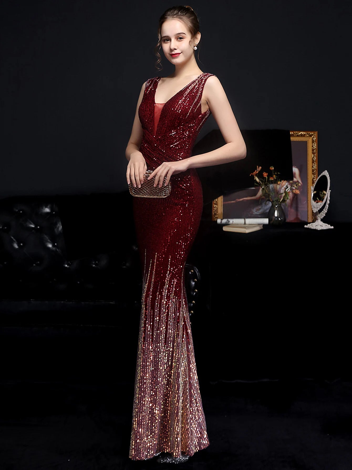 Red Carpet Ready Sequin Mermaid Floor Length Dress Evening Gown | Chuzko.com