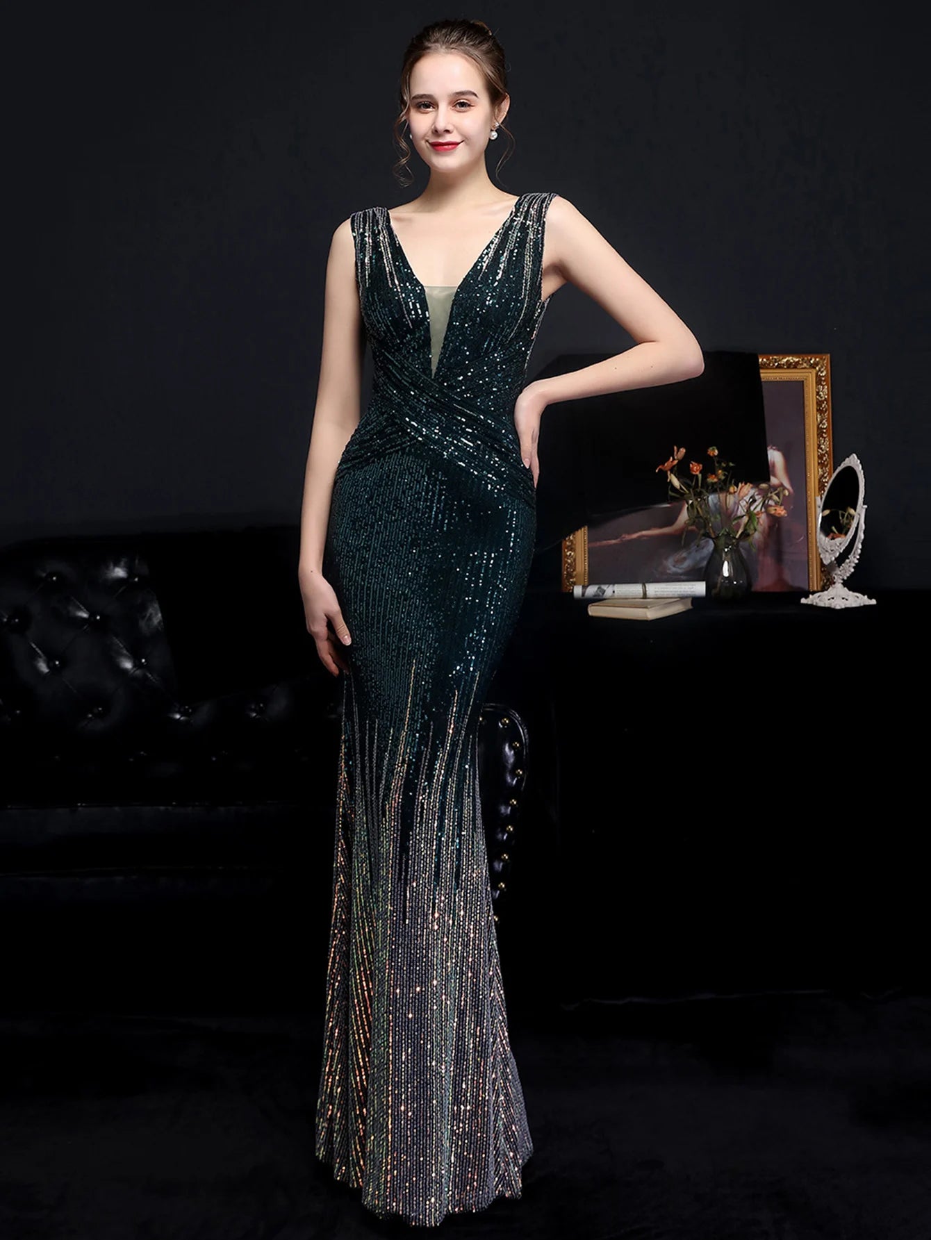 Red Carpet Ready Sequin Mermaid Floor Length Dress Evening Gown | Chuzko.com