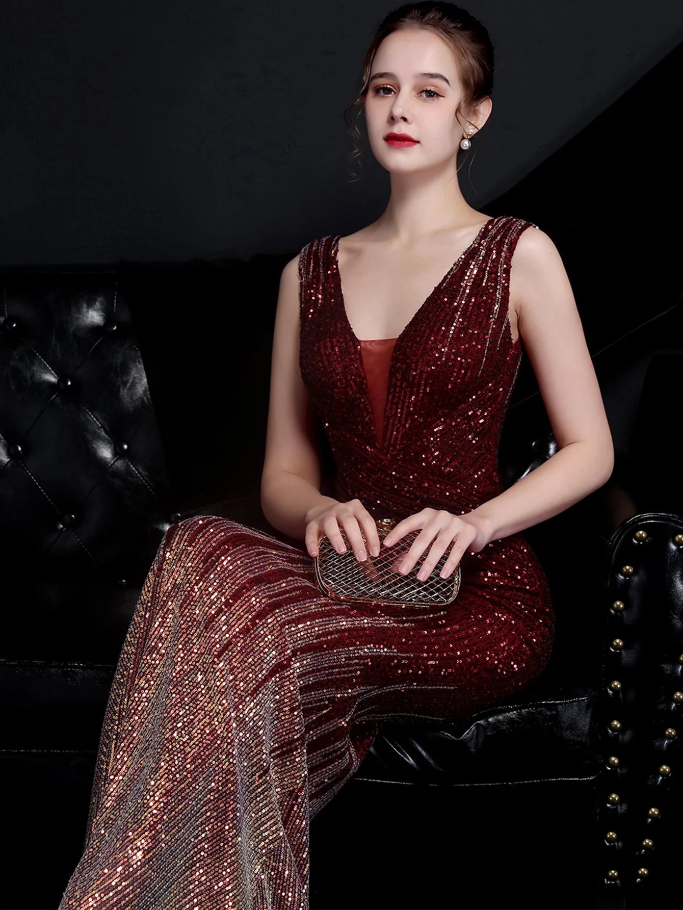 Red Carpet Ready Sequin Mermaid Floor Length Dress Evening Gown | Chuzko.com